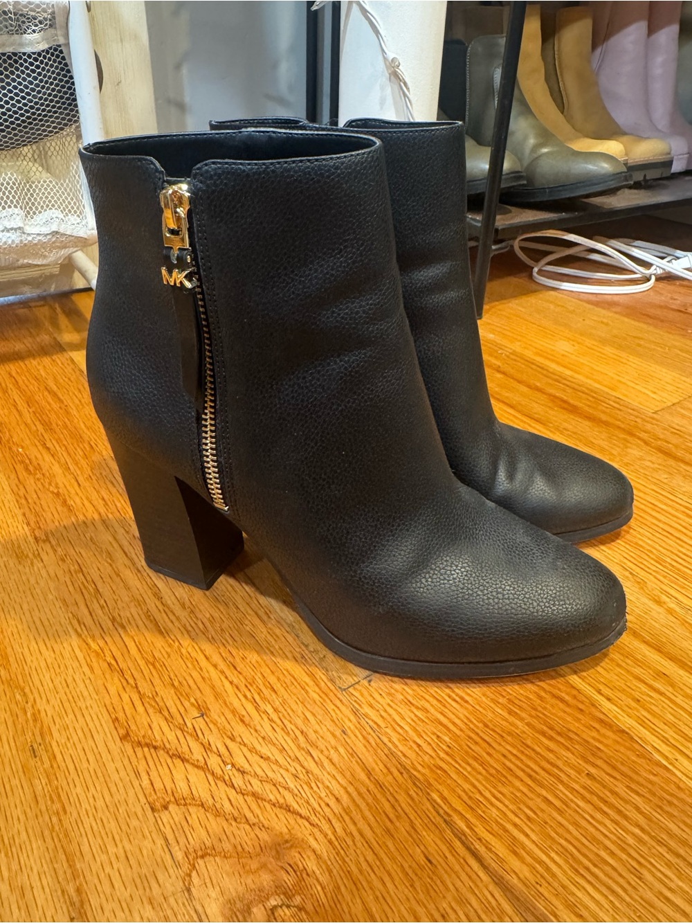 Michael Kors Black Leather Block Heel Ankle Booties with Gold Zip